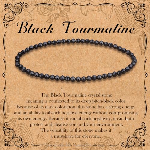 BONNY BOXX Natural Genuine Gemstone Faceted Round Beads Bracelets, 3mm Adjustable Stretchy Tiny Faceted Black Tourmaline Bracelet, Healing Crystal Reiki Chakra Dainty Jewelry Fashion Gifts - color: Black Tourmaline