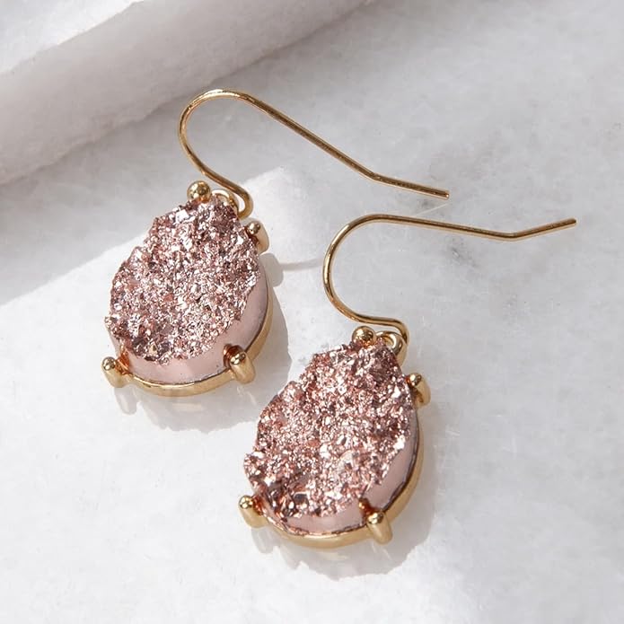 Teardrop Dangle Earrings for Women with Simulated Druzy Stones in Gold or Silver Tone
