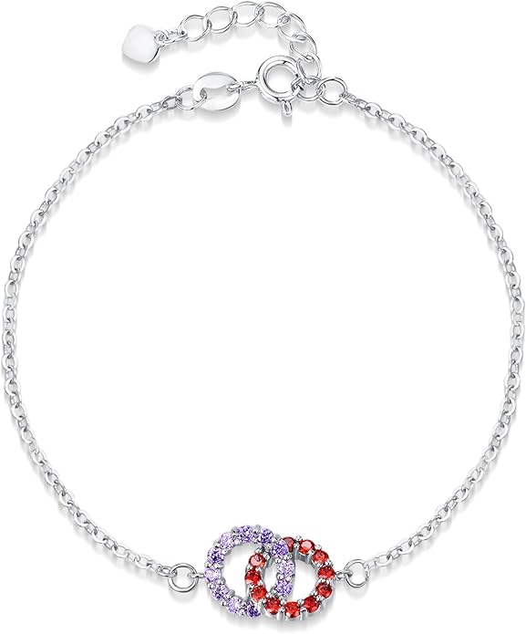 Custom Birthstone Bracelet for Women Sterling Silver Personalized Interlocking 2 Circles Charm Bracelets for Lover Christmas Valentine's Day Jewelry Gifts for BFF