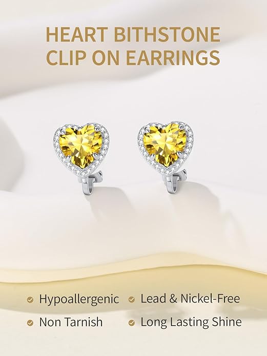 FindChic Sparkling Birthstone Clip On Earrings for Women, Silver Plated Stud Earrings 8MM Cubic Zirconia Non Pierced Studs, 12 Months Birthday Jewelry Gift