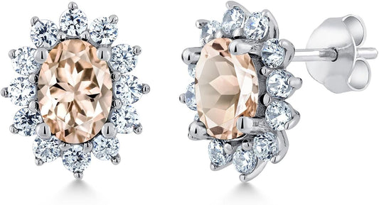 Gem Stone King 7X5MM Oval Gemstone Birthstone Stud Earrings For Women | Princess Diana Royal Halo Style | 925 Sterling Silver | Fine Jewelry Gifts for Anniversary Wedding Her Mom Women Wife