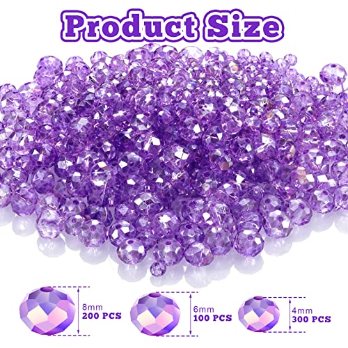 WILLBOND 600 Pcs Crystal Glass Beads for Jewelry Making Bulk Suncatcher Faceted Rondelle Loose Gemstone for Valentine's Day, Irish Holiday, Easter Bracelet DIY Crafts 8mm, 6mm, 4mm(Purple) - color: Purple