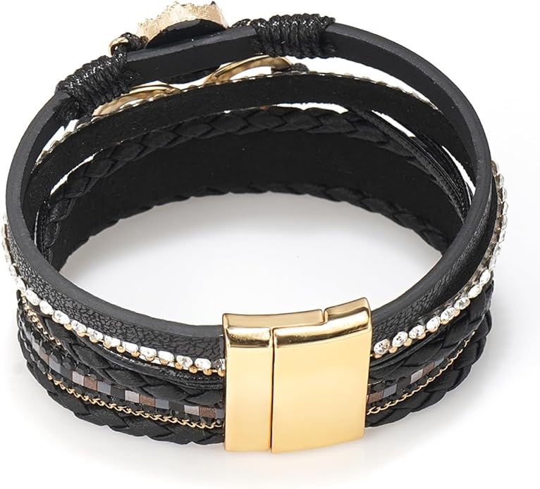 Suyi Multilayer Leather Wrap Bracelet Heart-Shape Wide Cuff Bracelets for Women