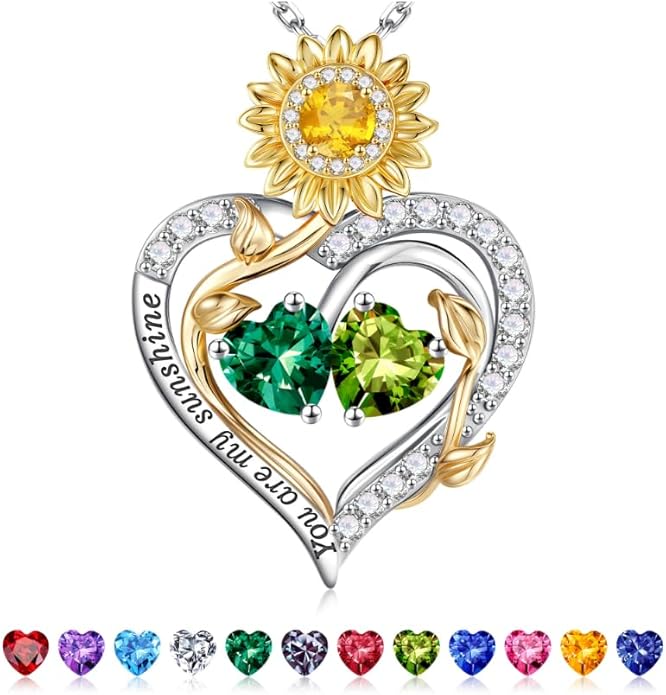 Iefil Valentines Day Gifts for Her - 925 Sterling Silver Sunflower Double Birthstone Necklace for Women, Anniversary Birthday Gifts for Wife, You Are My Sunshine Necklaces, Jewelry for Wife Mom