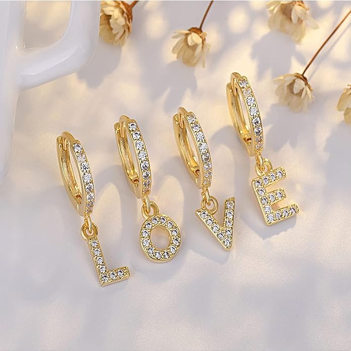 14K Gold Dangle Drop Initial Earrings for Women Dainty CZ Huggie Hoop Name Letter Earrings S925 Sterling Silver Post with Cubic Zirconia Hypoallergenic Gifts Jewelry