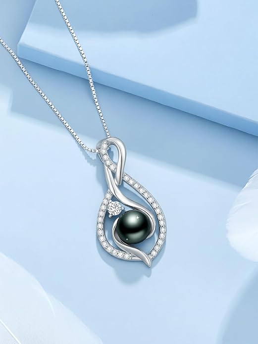 Tahitian Black Pearl 18K White Gold Plated Sterling Silver Heart/Infinity/Four Leaf Clover Pendant Necklace Jewelry Gifts for Women Wife Mom Girlfriend Wedding Birthday Anniversary Christmas