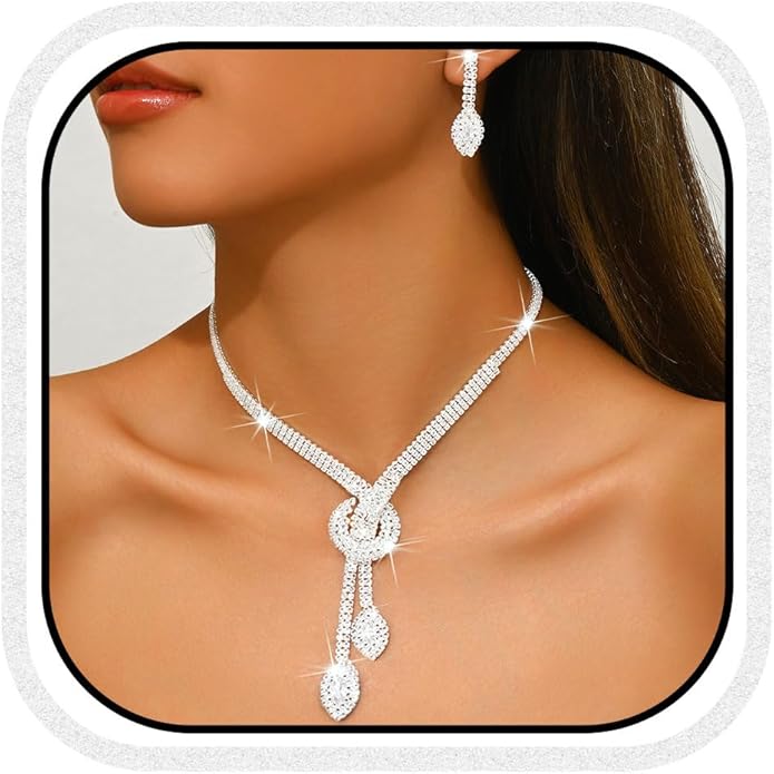 Unicra Silver Rhinestone Bridal Wedding Jewelry Set Crystal Necklace Earrings Sets Formal Prom Costume Jewelry Sets for Women and Brides