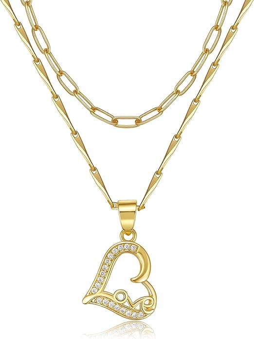 Heart Necklaces for Women 14K Gold Plated Layered Necklace Set with Cubic Zirconia Heart Pendant, Dainty Stackable Choker Chain, Gift for Her