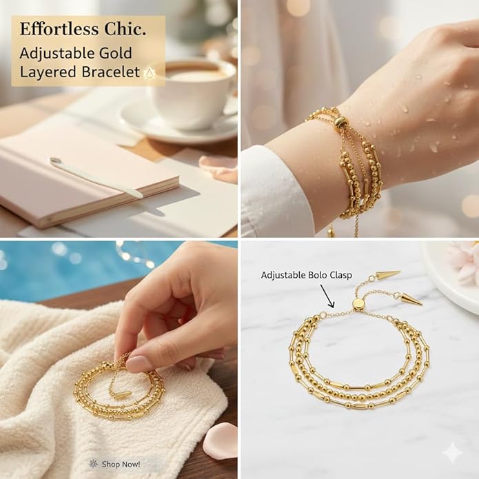 Adjustable Brass Bracelet for Women – Multi-Strand Bead and Bar Chain Design with Sliding Clasp, Minimalist Fashion Jewelry for Everyday Wear and Gifting