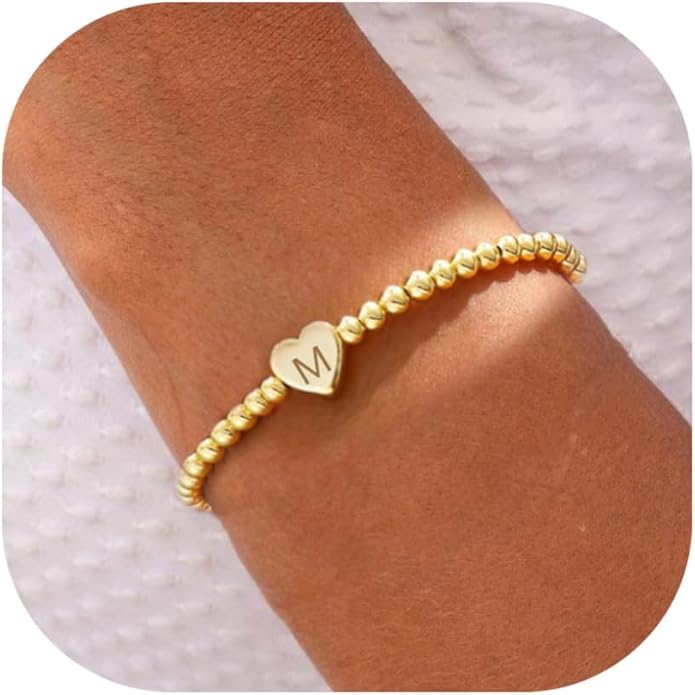 Valentines Day Gifts for Women Her - Dainty Beaded Heart Initial Bracelets Letter A-Z Charm Stretch Bead Ball Bracelet Trendy Jewelry Gifts