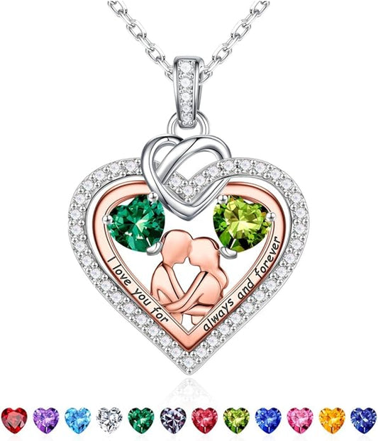 Iefil Valentines Day Gifts for Her - 925 Sterling Silver Double Heart Birthstone Necklace for Women, Anniversary Birthday Gifts for Wife I Love You Gift Couple Sitting Hugging Each Other Jewelry Gift