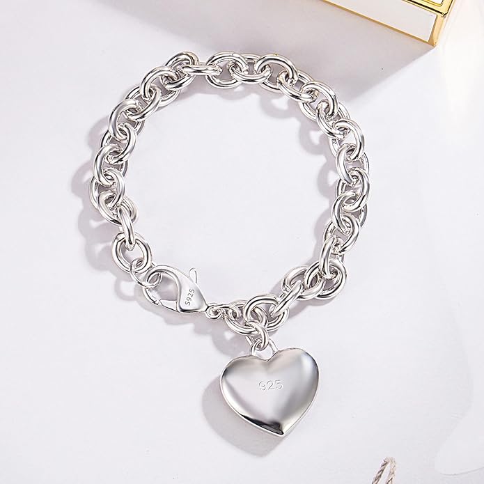 Dankadi Women 925 Sterling Silver Round Cable Wire Link Bracelet Charm Heart-Bell-Square-Circle Pendant Chain Bangle Fine Jewelry Gift For Wife Her