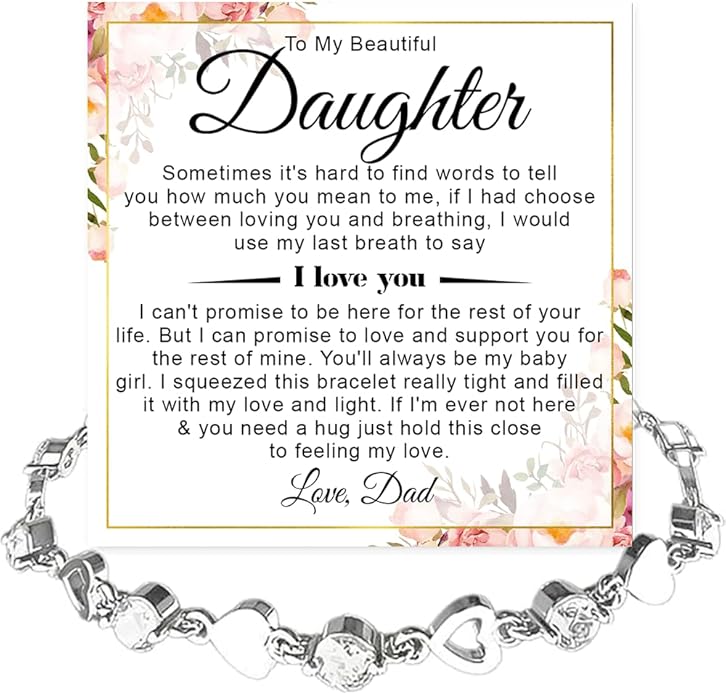 To My Daughter Bracelet, Silver Heart Chain Bracelet with Shiny Stones, Perfect Birthday or Graduation Christmas Gift for Daughter with Message Card and Gift Box