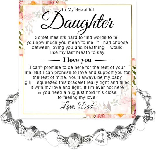 To My Daughter Bracelet, Silver Heart Chain Bracelet with Shiny Stones, Perfect Birthday or Graduation Christmas Gift for Daughter with Message Card and Gift Box