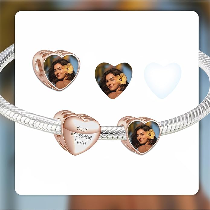 Annmors Personalized Photo Charm for Bracelet Necklaces,925 Sterling Silver Charm Love Heart Shaped Engraved Customize Picture Gift for Birthday Mother's Day Christmas,Bead Charms Jewelry for Women