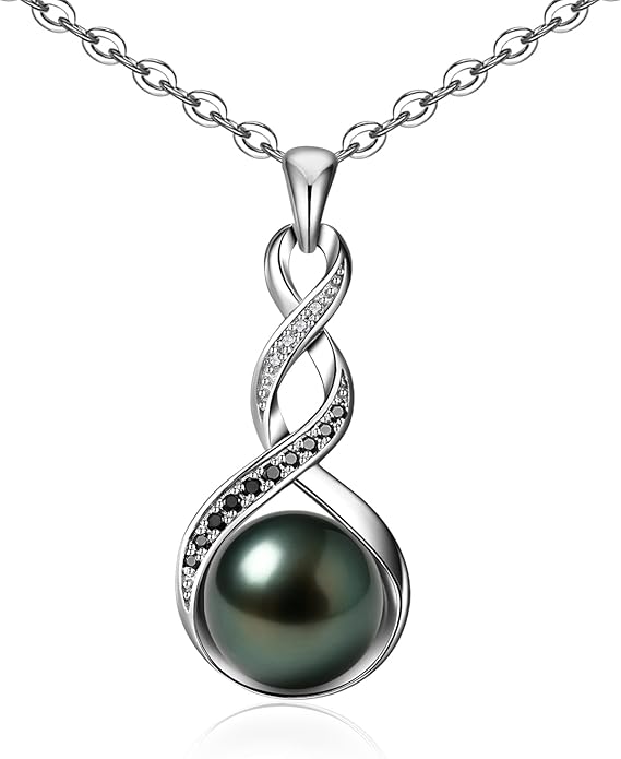Genuine Tahitian Black Pearl Necklaces for Women, 9-12mm AAAA Seawater Pearl - Sterling Silver Moissanite Pendant, Wedding Anniversary, Birthday, Christmas Gift for Wife, Mom, Girlfriend, Fine Jewelry