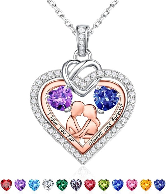 Iefil Valentines Day Gifts for Her - 925 Sterling Silver Double Heart Birthstone Necklace for Women, Anniversary Birthday Gifts for Wife I Love You Gift Couple Sitting Hugging Each Other Jewelry Gift