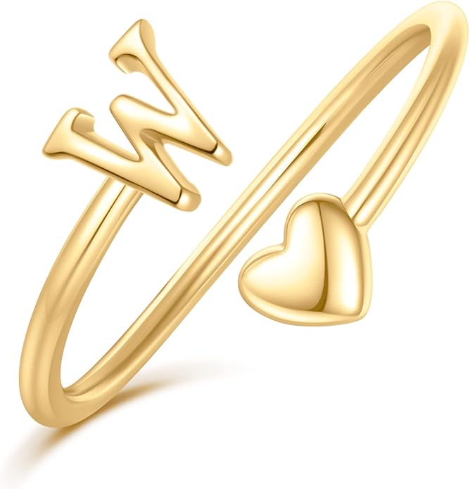 Initial Rings for Women Girls - Valentines Day Gifts for Her, Adjustable Rings for Women Non Tarnish Letter A-Z Dainty Heart Ring Teen Girls Gifts Trendy Stuff Personalized Jewelry Gift