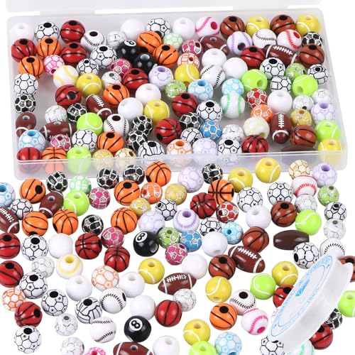 100 Pcs Sports Ball Beads Bulk with 5.5 Yard Elastic Rope,Acrylic Softball American Football Basketball Volleyball Baseball Tennis Beads for DIY Bracelet Necklace Keychain Jewelry Making Accessories - color: Mixed