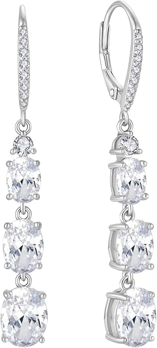 Women 925 Sterling Silver Birthstone 3-stone Leverback Drop Dangle Earrings 5A Cubic Zirconia Jewelry for Her