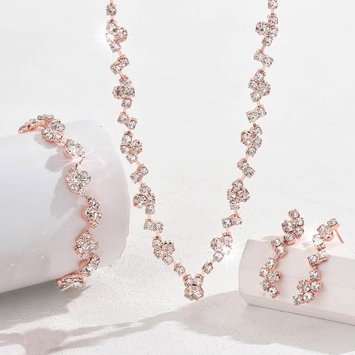 Unicra Bride Crystal Necklace Earrings Set Bridal Wedding Jewelry Sets Rhinestone Choker Necklace Costume Jewelry Set for Women and Brides (3 piece set - 2 earrings and 1 necklace)