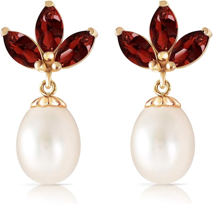 9.5 Carat 14k Solid Yellow Gold Freshwater Pearl Stud Dangle Women Earrings with Natural Garnets