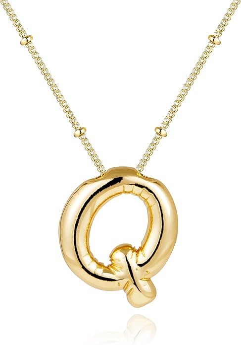 Inerney Valentines Day Gifts Gold Bubble Letter Necklace Initial Necklaces for Women, Chunky 14K Plated Balloon Initials, Trendy Charm Non Tarnish Custom Name Pendant Jewelry Gifts for Mom