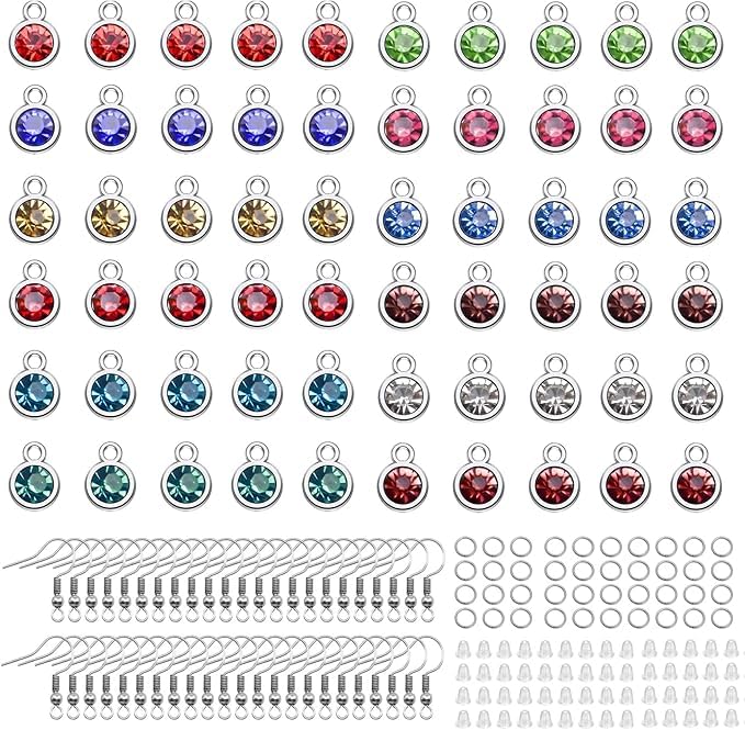 BetterJonny 120 Pieces Crystal Birthstone Charms Beads, 12 Colors Round Crystal Charm with Rings Handmade Jewelry Pendants for Jewelry Necklace Bracelet Earring Making - color: （#B）Silver Round
