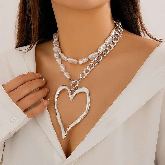 Chunky Gold Necklace Big Heart Necklace for Women Silver Large Statement Necklaces Thick Bold Chain Puffy Love Heart Charm Necklaces for Women with OT Toggle Silver Chunky Gold Jewelry Trendy Valentine's Day Gift
