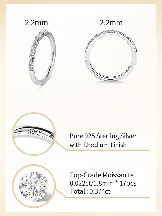 D Color VVS1 Clarity Moissanite Hand Setting Eternity Rings for Women, Solid 925 Sterling Silver Rhodium Finish, Stackable Ring, Wedding Birthday Valentines Anniversary Mothers Day Ideal Gift for Her