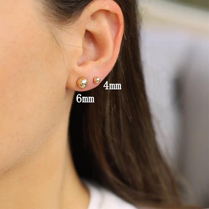 14K Gold Filled Polished Small CZ Pearl Ball Stud Earrings Set for Women Men 20G Surgical Steel Hypoallergenic Piercing Studs for Sensitive Ear, Pack of 6 Pairs