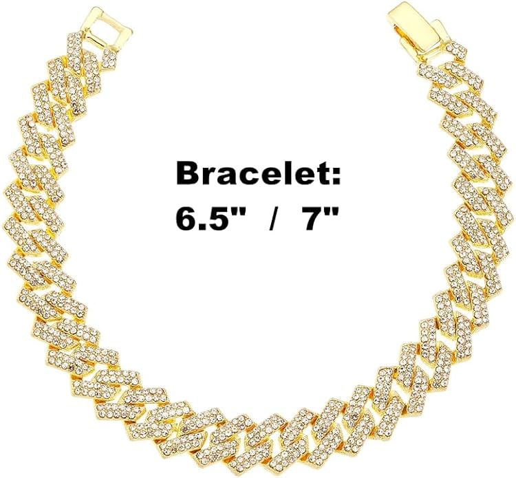 HH BLING EMPIRE 14k Gold/Silver Cuban Link Chain for Women Iced Out Diamond Chunky Cuban Link Necklace Chain Bracelet 2pcs Sets