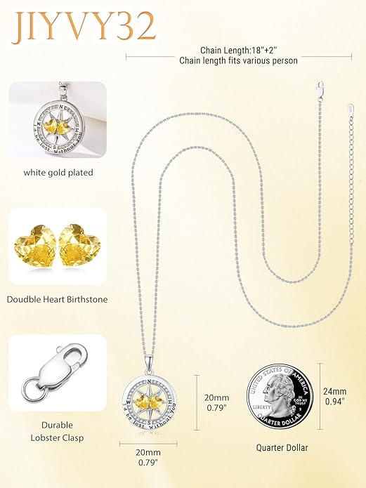 Compass Necklace for Women, Exquisite S925 Valentines Day Anniversary Birthday Gifts for Wife Her Double Birthstone Pendant Jewelry ‘I'd be Lost Without You’