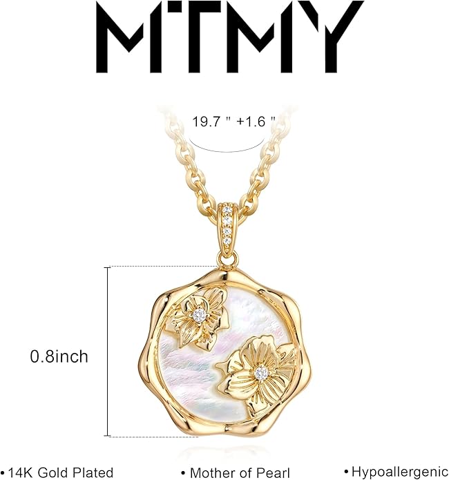 MTMY Birth Flower Necklace 14K Gold Plated Mother of Pearl Disc Birth Month Flower Pendant Necklaces for Women Personalized Custom Floral Jewelry Birthday Gift