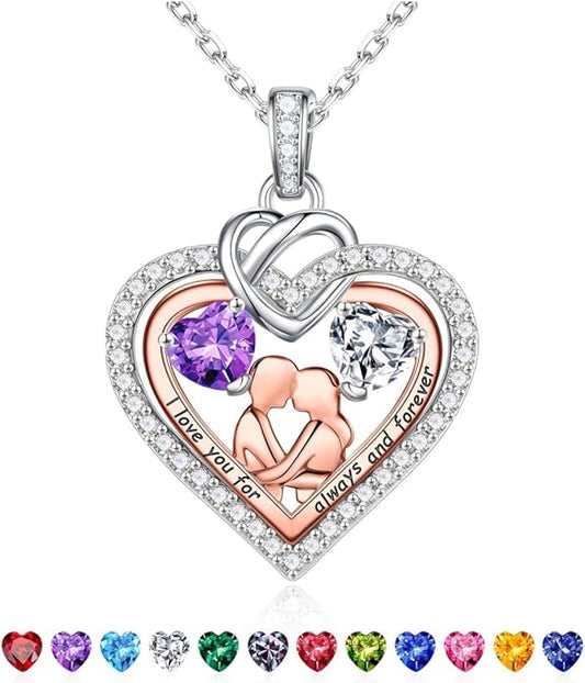Iefil Valentines Day Gifts for Her - 925 Sterling Silver Double Heart Birthstone Necklace for Women, Anniversary Birthday Gifts for Wife I Love You Gift Couple Sitting Hugging Each Other Jewelry Gift
