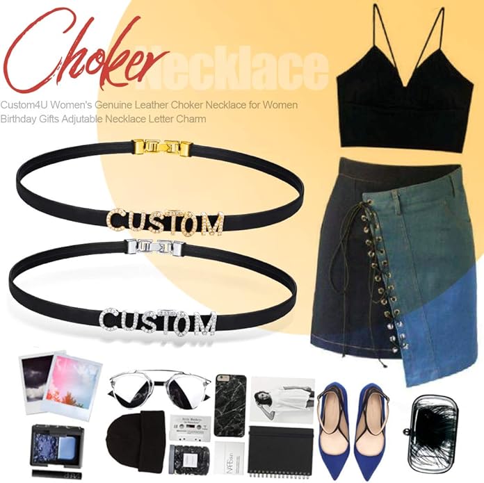 Custom4U Personalized Black Leather Choker Necklace with Picture/Name/Initials/Letters Charm,Custom Made Adjustable Choker Collar Gothic Punk Necklaces Jewelry Gifts for Women