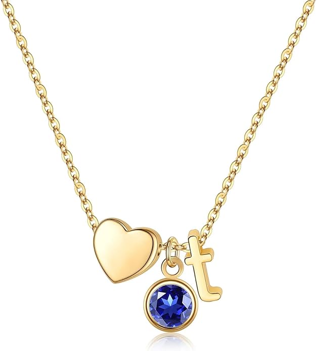 Ursilver Initial Birthstone Necklace for Women - Heart Initial Birthstone Pendant Necklace Personalized Gifts Birthday Gifts for Women