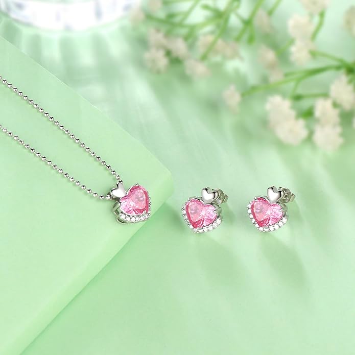 Love Heart Necklaces and Earrings with Rose Cut Birthstone Silver Plated Elegant Jewelry Set for Women CS0002