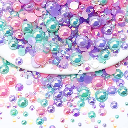 60g Mix Pearls and Half Pearls for Crafts, Tumblers, Shoes, Face Nail Art, 2mm-10mm Mix Pearl Rhinestones for Bedazzling, Pink|Purple|Aquamarine - color: Mermaid Tears Blend | Mix Pink | Purple | Aquamarine