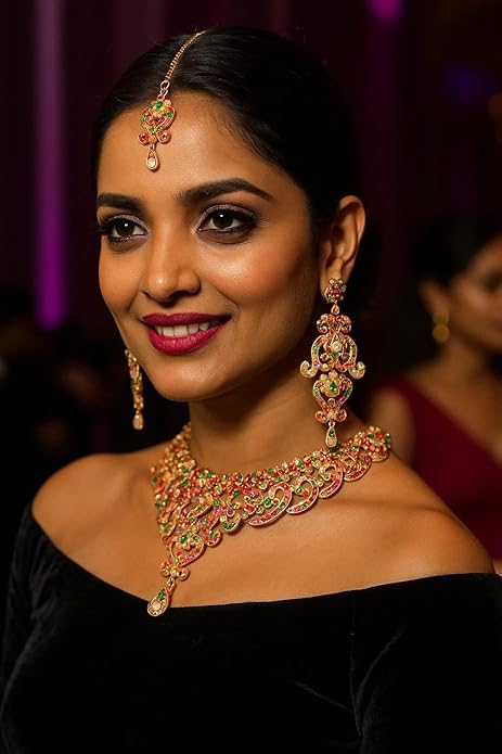 Touchstone Indian jewelry set for women bollywood gold jewellery wedding outfits necklace sets earrings bridal maang tikka fancy costume girls big desi accessories rhinestone in gold or silver tone