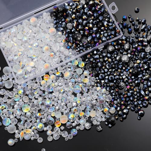1000pcs Glass Beads for Jewelry Making Colorful Rainbow Craft Crystal Beads with Loose Beads Sparkly Beads for DIY Necklace Bracelet Earring(Black, Gold) - color: Black, Gold