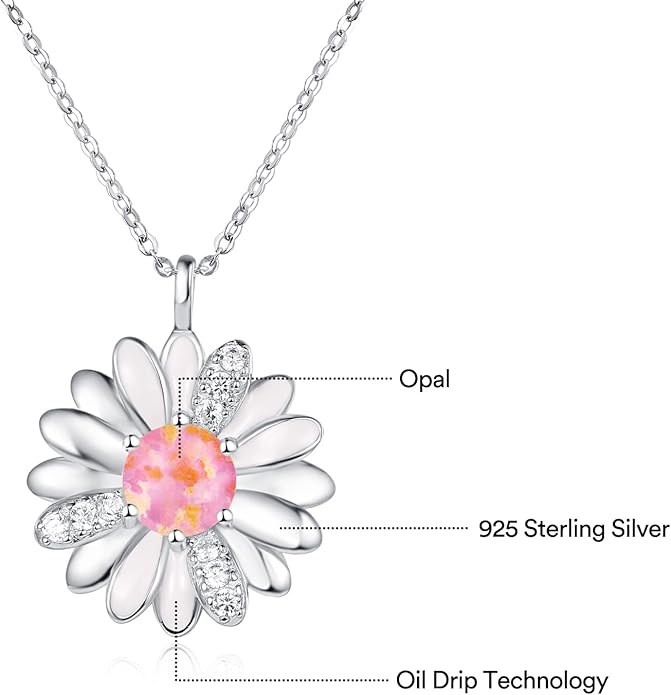 KINGWHYTE Daisy Necklace Gifts for Women 925 Sterling Silver Opal Daisy Pendant Spring Flower Necklace Jewelry Graduation Birthday Celebrate Congratulation Gift