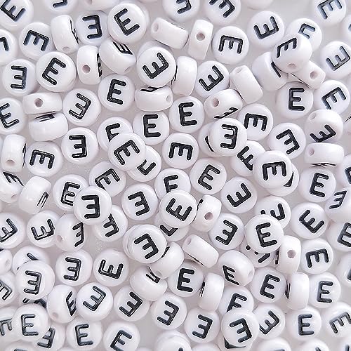 200+ Pieces 4x7mm Single Vowel E Letter Beads for Jewelry Making, White Round Acrylic Bulk Alphabet (Black on White) - size: Single letter E 200+ Pcs