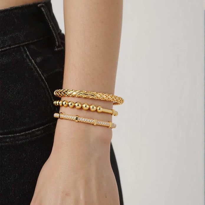 Gold Bracelets for Women, Gold Plated Chunky Cuff Matching Bracelets for Women Stack Adjustable Jewelry Sets for Gifts