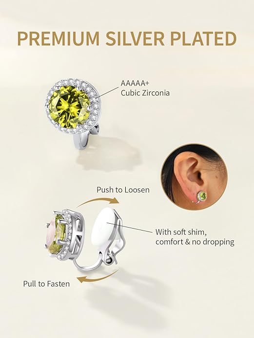 FindChic Sparkling Birthstone Clip On Earrings for Women, Silver Plated Stud Earrings 8MM Cubic Zirconia Non Pierced Studs, 12 Months Birthday Jewelry Gift