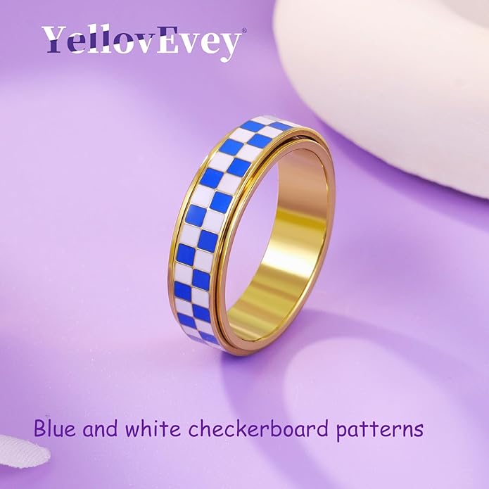 Checkered Fidget Ring For Women - Blue Chessboard Design Band Rings Anxiety & Stress Relief Stacking Spinner Rings, Stainless Steel Spinning Ring Anti-Anxiety Jewelry Gift for Adults