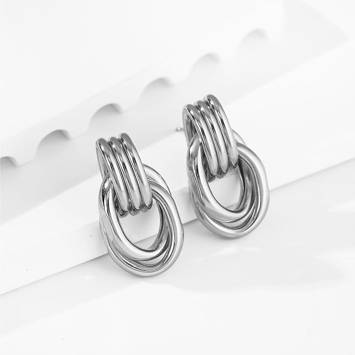 Gold/Silver Statement Geometric Earrings for Women Chunky Gold Knot Link Drop Dangle Earrings Trendy Jewelry Gift