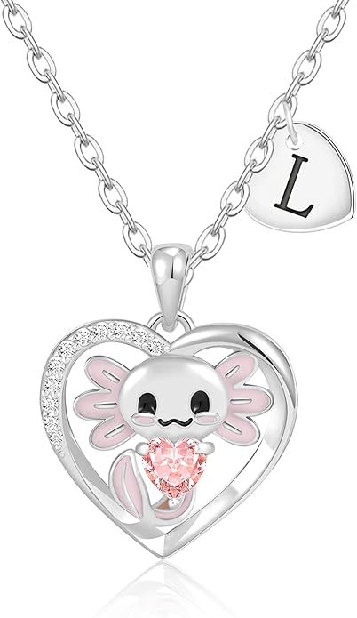 C-leen Axolotl Valentines Day Gifts for Her, 14K Gold Plated Axolotl Initial Necklace Cute Heart Initial Pendant Necklaces Birthday Valentines Day Gifts for Kids Girls Women