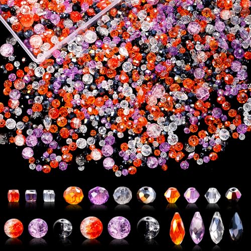 1000pcs Halloween Glass Beads for Jewelry Making Colorful Rainbow Craft Crystal Beads Sparkly Beads for DIY Necklace Bracelet Earring Orange & Purple & Black - color: Black Orange Purple