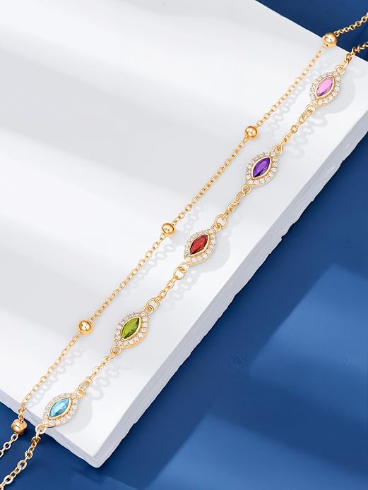 Evil Eye Birthstone Charm Link Bracelet 925 Sterling Silver Evil Eye Bracelet with 12 Months Birthstone Birthday Jewelry Gifts for Women Mom Her,Chain Length 7"+2" Extend